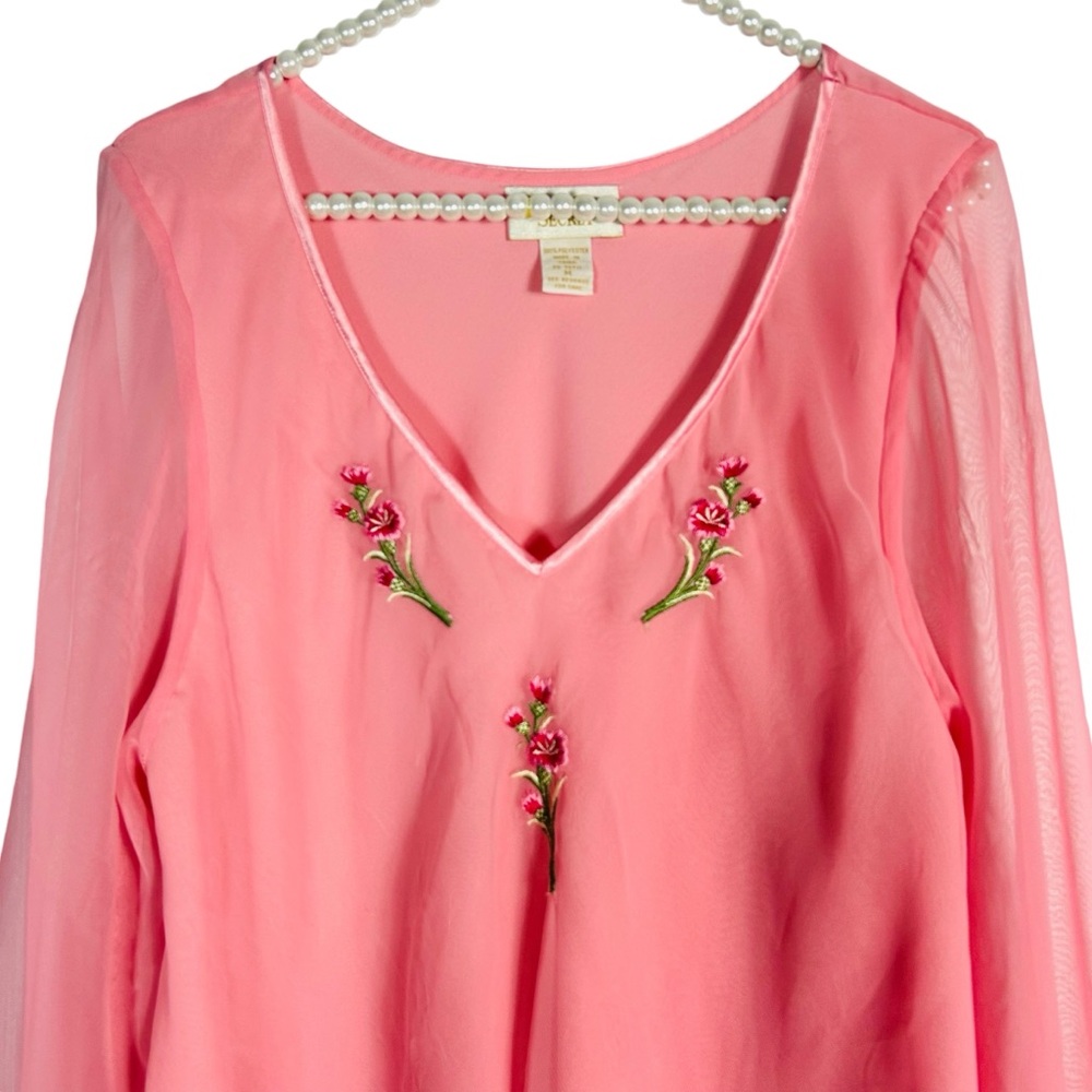 VICTORIAS SECRET | Vintage Pink Long Sleeve Pajama Top Flowers Mesh Silk Size M